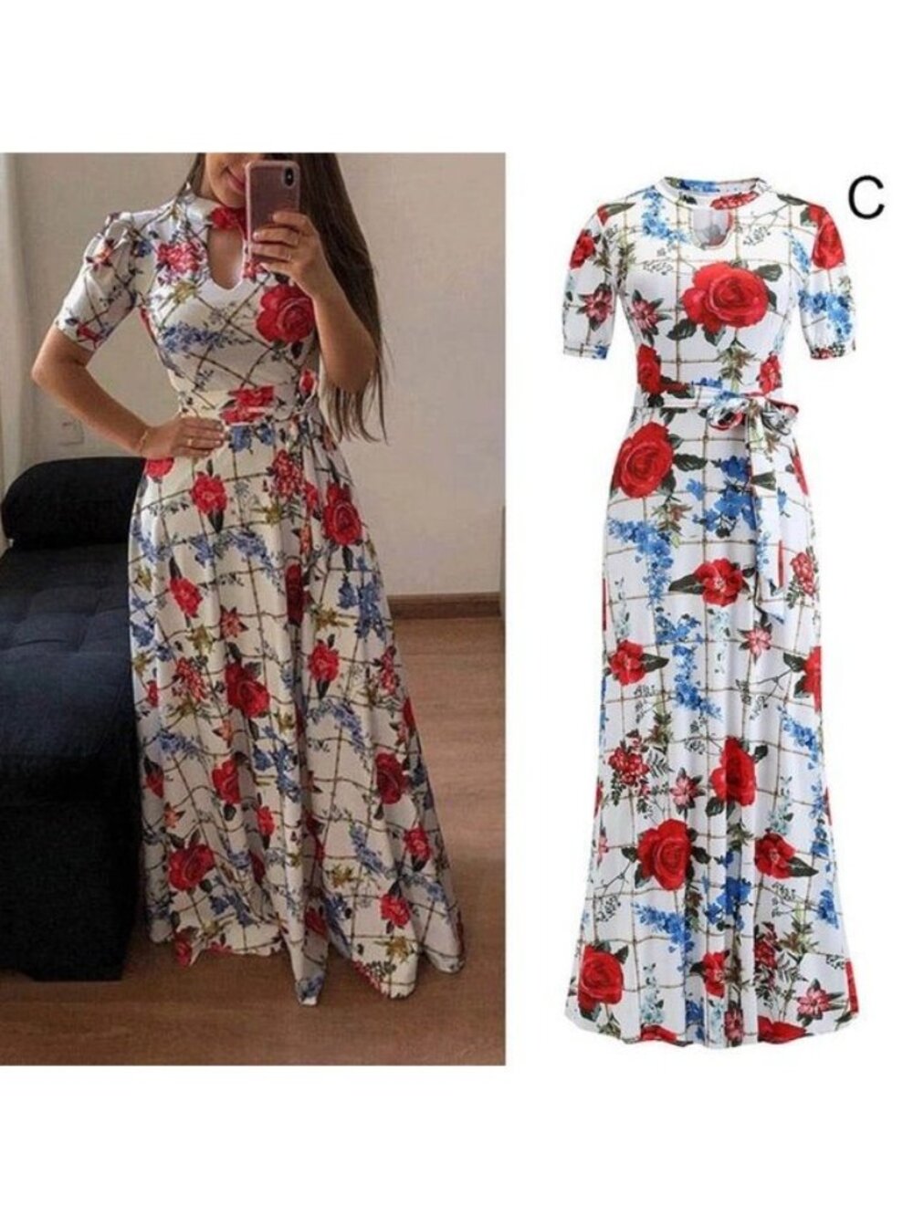 NWT Women's White Red Rose Floral Boho Maxi Dress Size SM